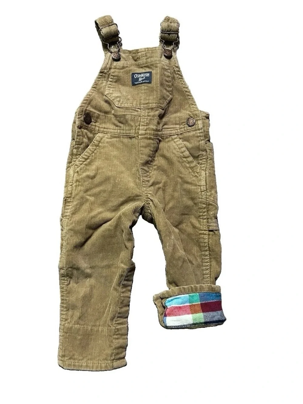 Baby Boy Oshkosh Beige Corduroy Overalls Plaid Cuffs Size 12 Months - Picture 2 of 4